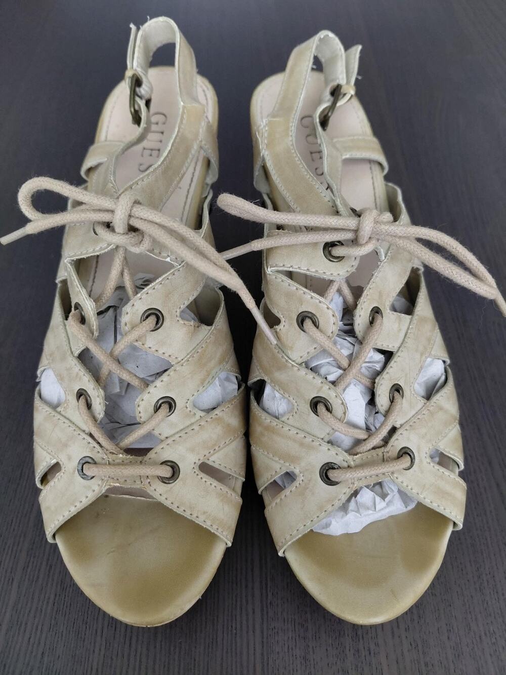 GUESS Women’s Beige Strappy Lace-Up Ankle Strap Cork Wedge Sandals 7.5